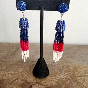 Beaded red white and blue boho tassel fringe dangle post earrings
